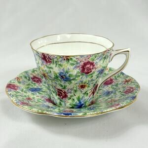 Vintage Rosina Bone China Floral Rose Chintz Teacup & Saucer England Gold Trim